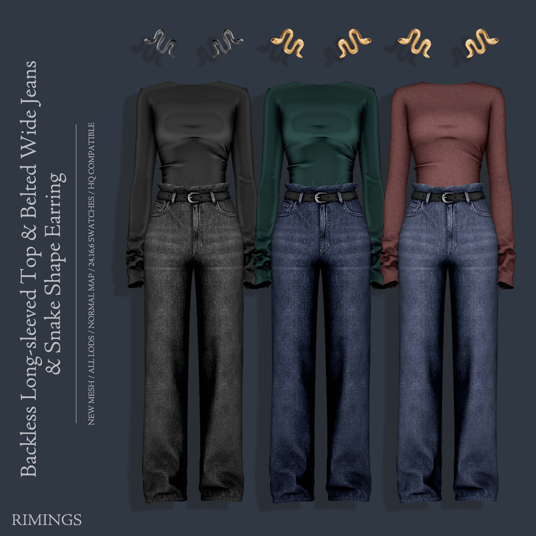 Базовый сет Backless Long-sleeved Top & Belted Wide Jeans